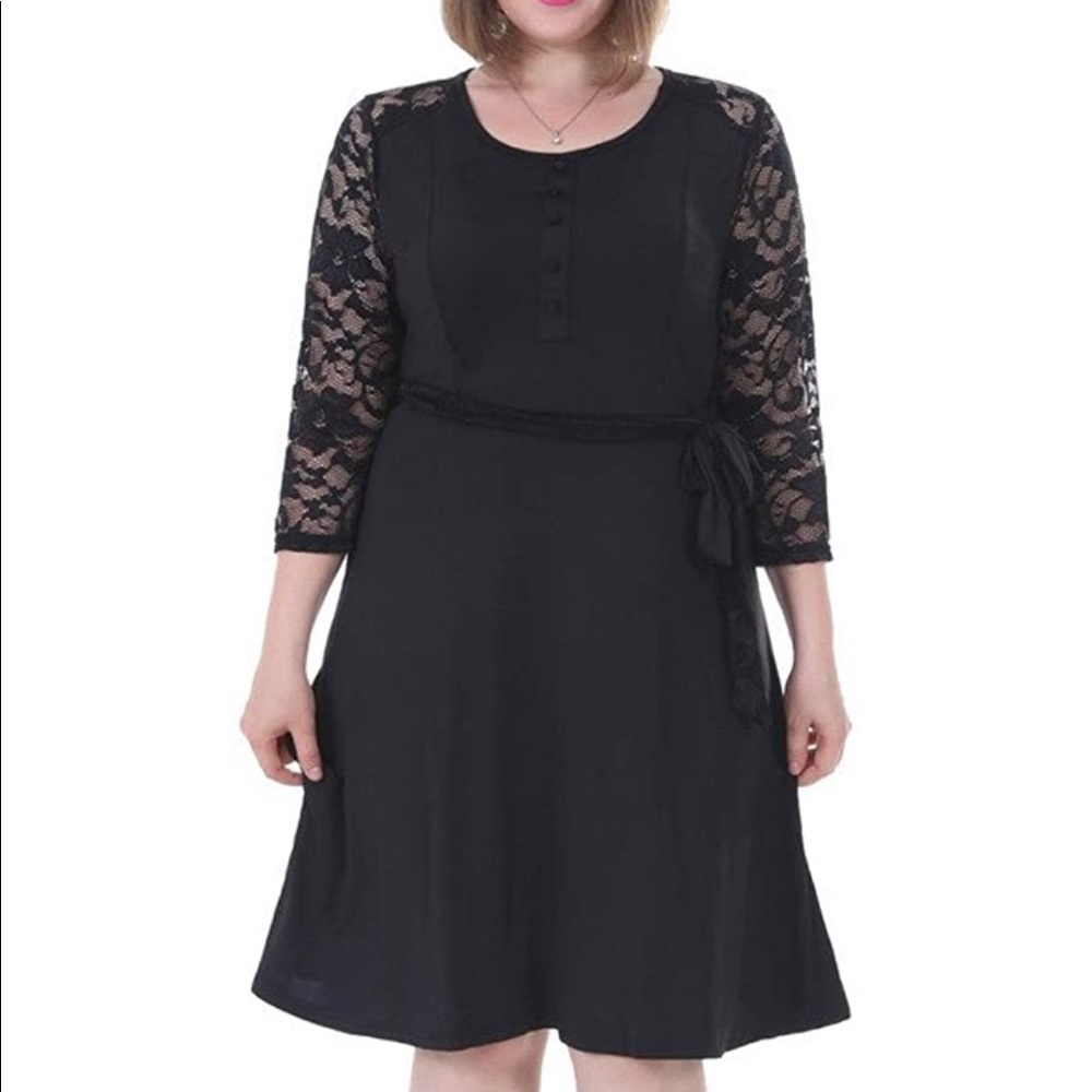 Plus size black dress with lace sleeves